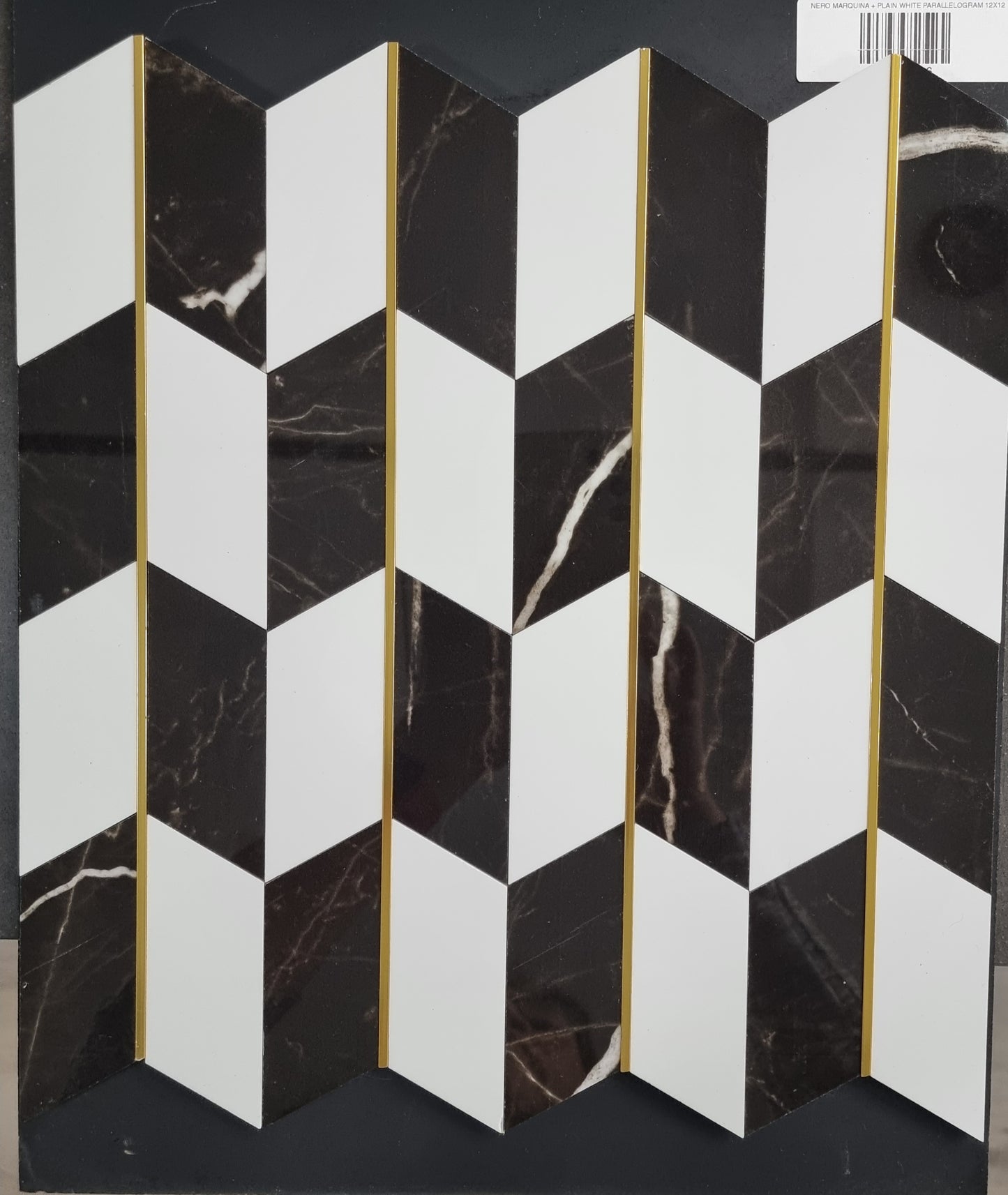 NERO MARQUINA + PLAIN WHITE PARALLELOGRAM 12X12