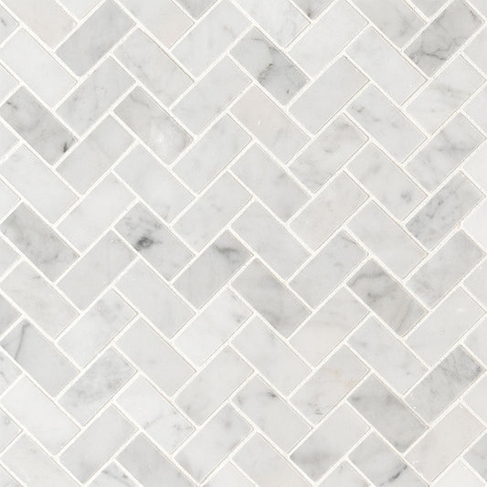 CARRARA WHITE 1X2 HERRINGBONE HONED